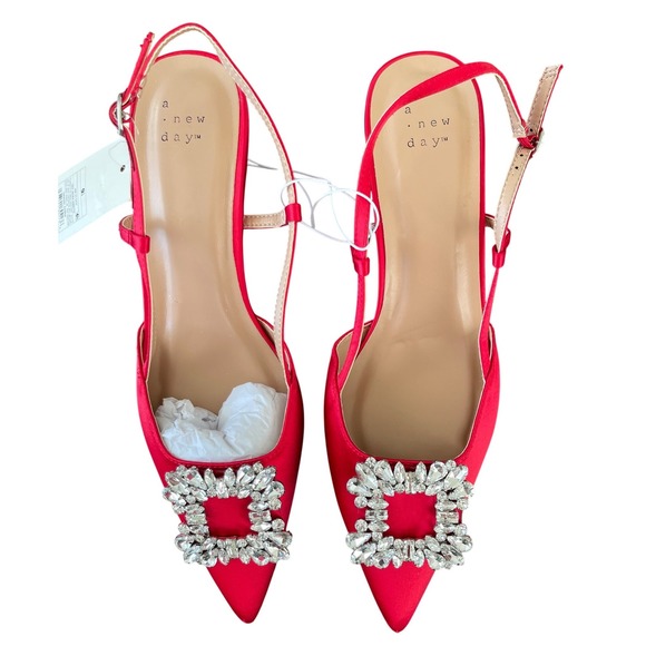 a new day Shoes - New Day Annette Satin Slingback Heel Shoes with Memory Foam Insoles Red Size 9.5